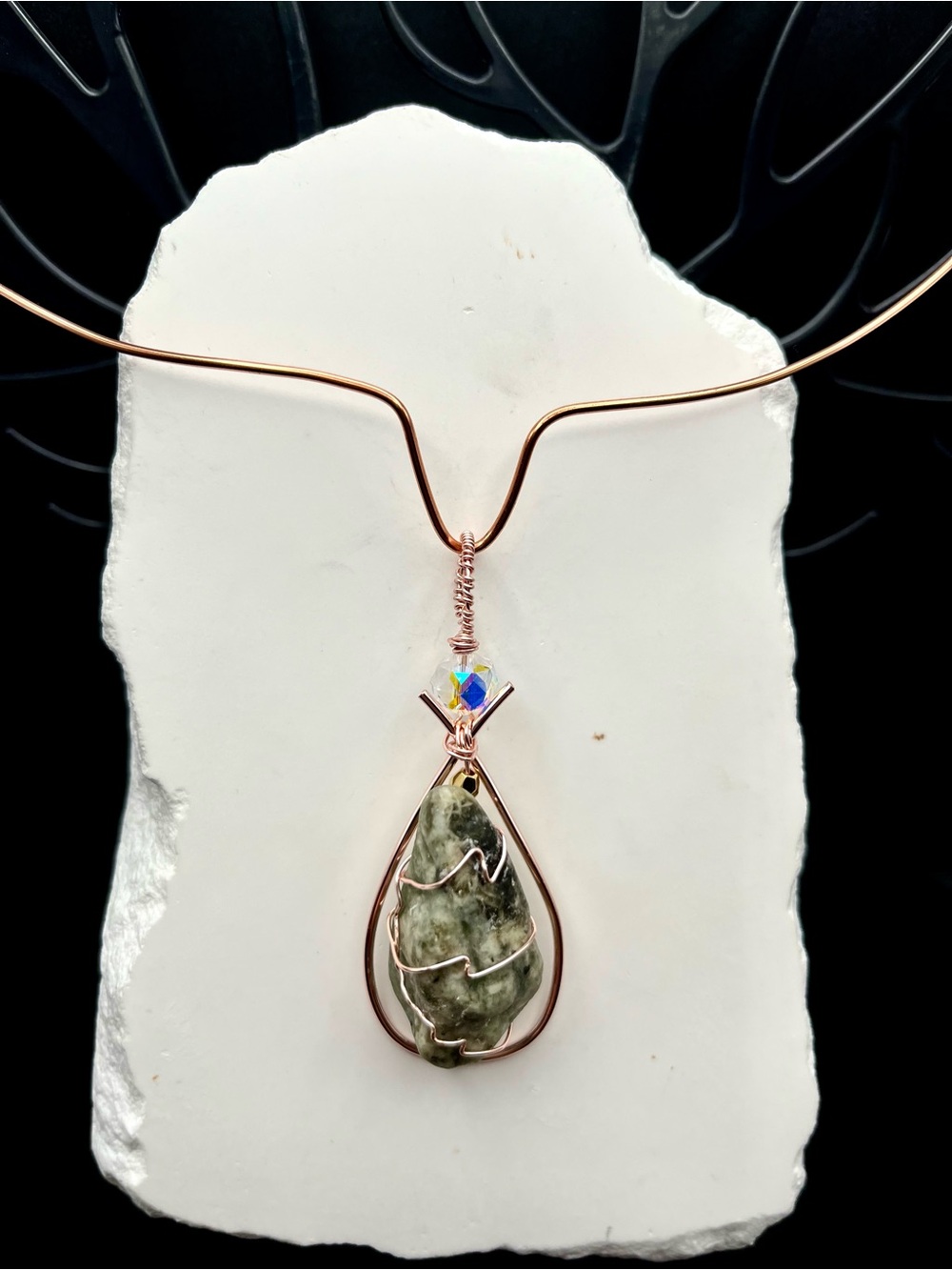 Rose Gold Wire-Wrapped Green Teardrop Pendant Necklace with Crystal Accent